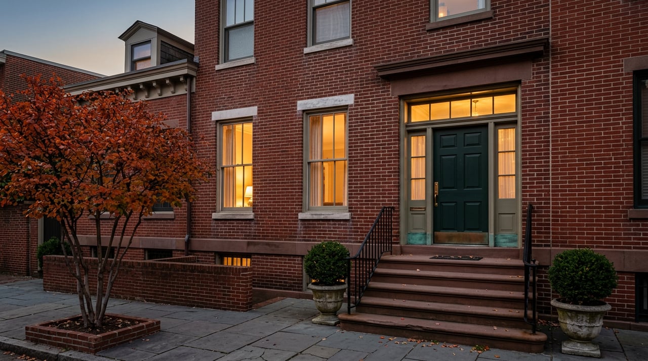 Four-story red-brick rowhouse with a brownstone stoop, green door, glowing windows, and an orange-red tree at dusk.