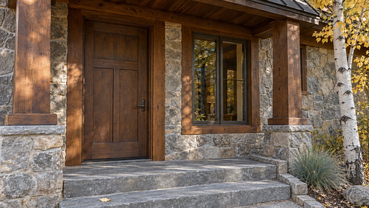 Stone entry steps bordered by a low rough-stone curb beside an aspen tree and ornamental grass.