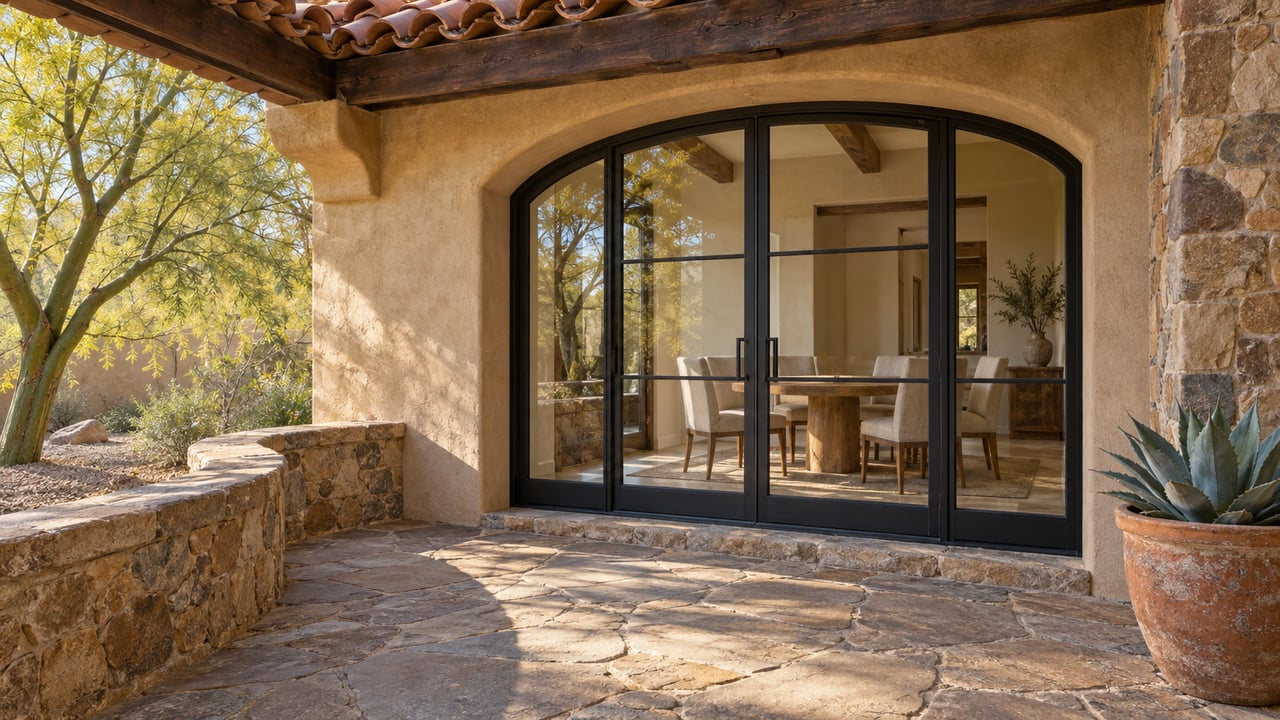 Warm stucco and fieldstone terrace with an arched glazed dining-room doorway, weathered flagstone and a sculptural potted agave.