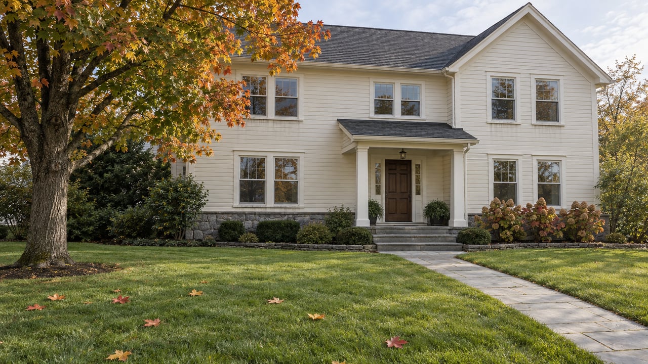 Ivory clapboard house behind a broad autumn lawn, with a bluestone walk and a mature maple turning amber.
