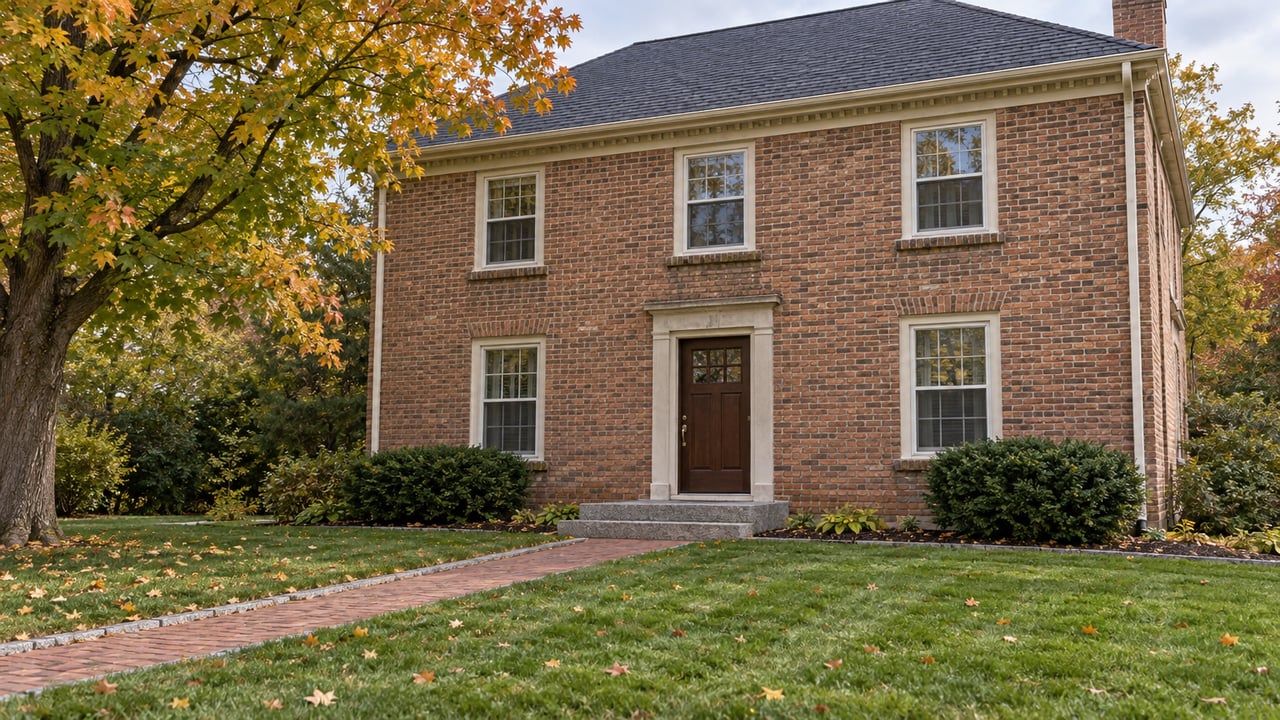 Traditional two-story brick home beyond a deep autumn lawn, with an amber sugar maple, granite entry steps and a worn brick walkway.