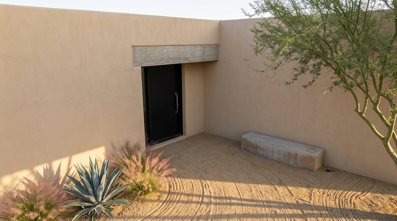Desert-modern entry courtyard with a blue-gray agave, gravel, stucco walls, and recessed dark door.