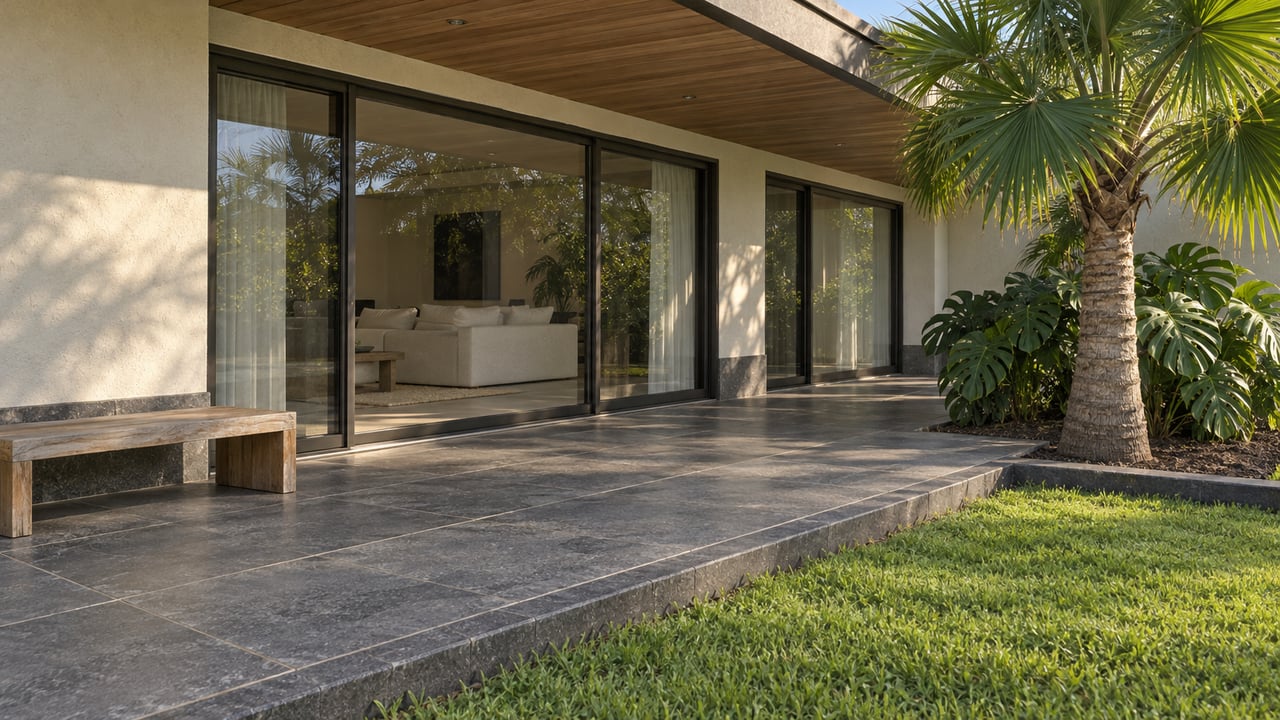 Covered terrace with weathered teak seating, volcanic-stone paving, bronze-framed glass and a fan palm beside a small lawn.