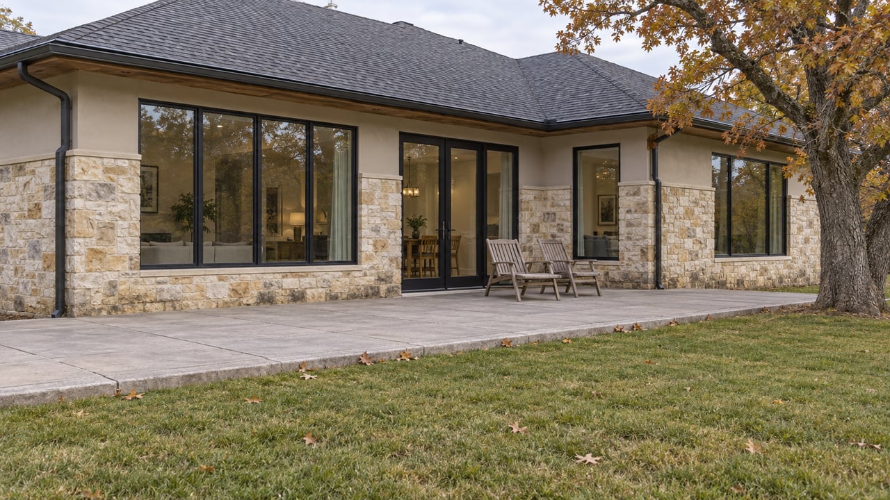 Limestone and stucco home with black-framed glazing, a weathered terrace, and an oak shedding autumn leaves onto the lawn.