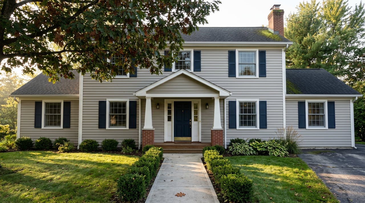 Two-story light gray Colonial house with white porch columns, navy door and shutters, and a red oak canopy.