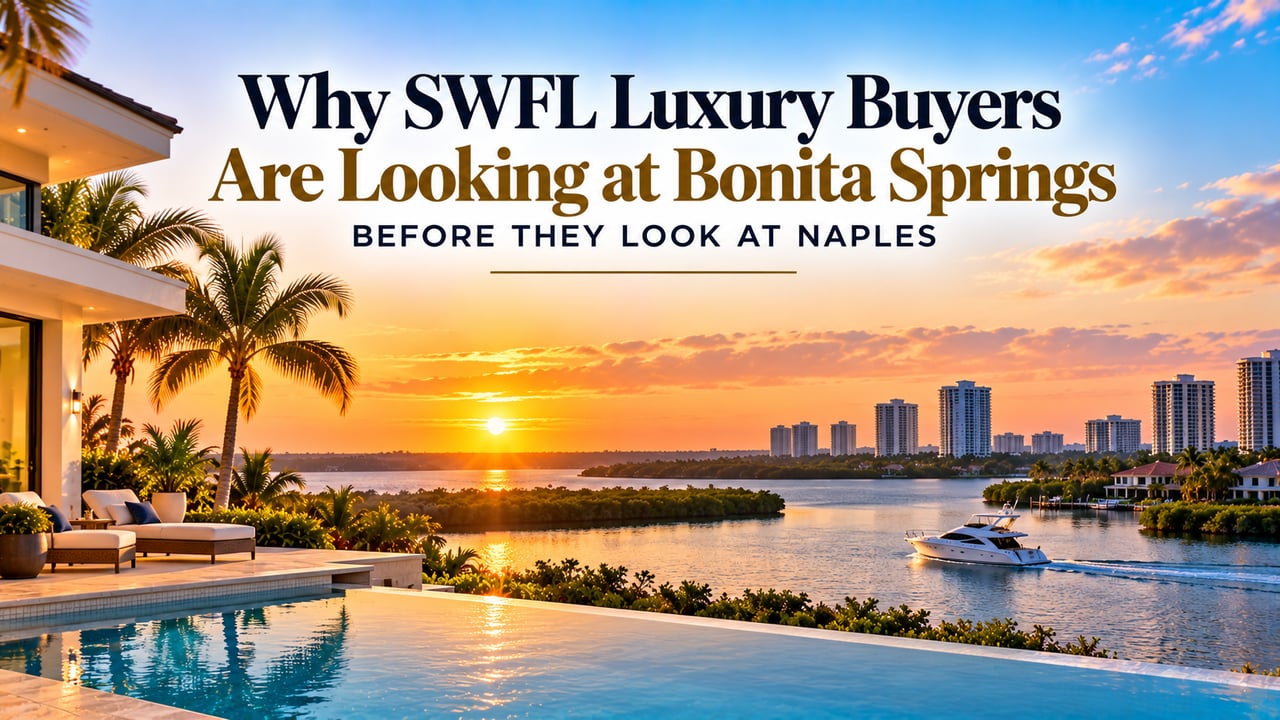 Luxury Bonita Springs waterfront home at sunset featuring an infinity pool, palm trees, a yacht cruising along Estero Bay, and upscale waterfront residences, highlighting why Southwest Florida luxury homebuyers are choosing Bonita Springs communities like Bonita Bay and Pelican Landing over Naples for waterfront living, resort amenities, and value.