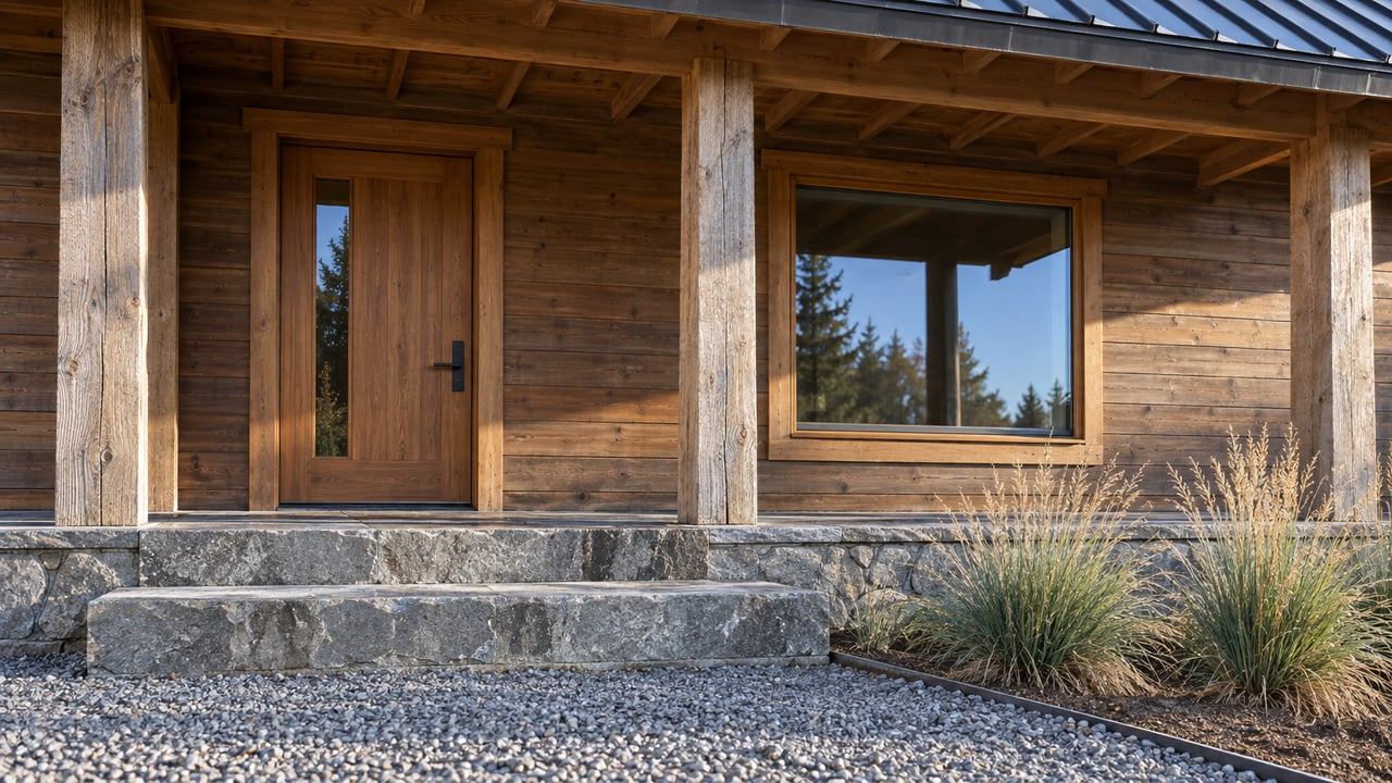 Morning sidelight crosses a timber home's sheltered entry, quartzite steps, and three blue-green bunchgrasses.