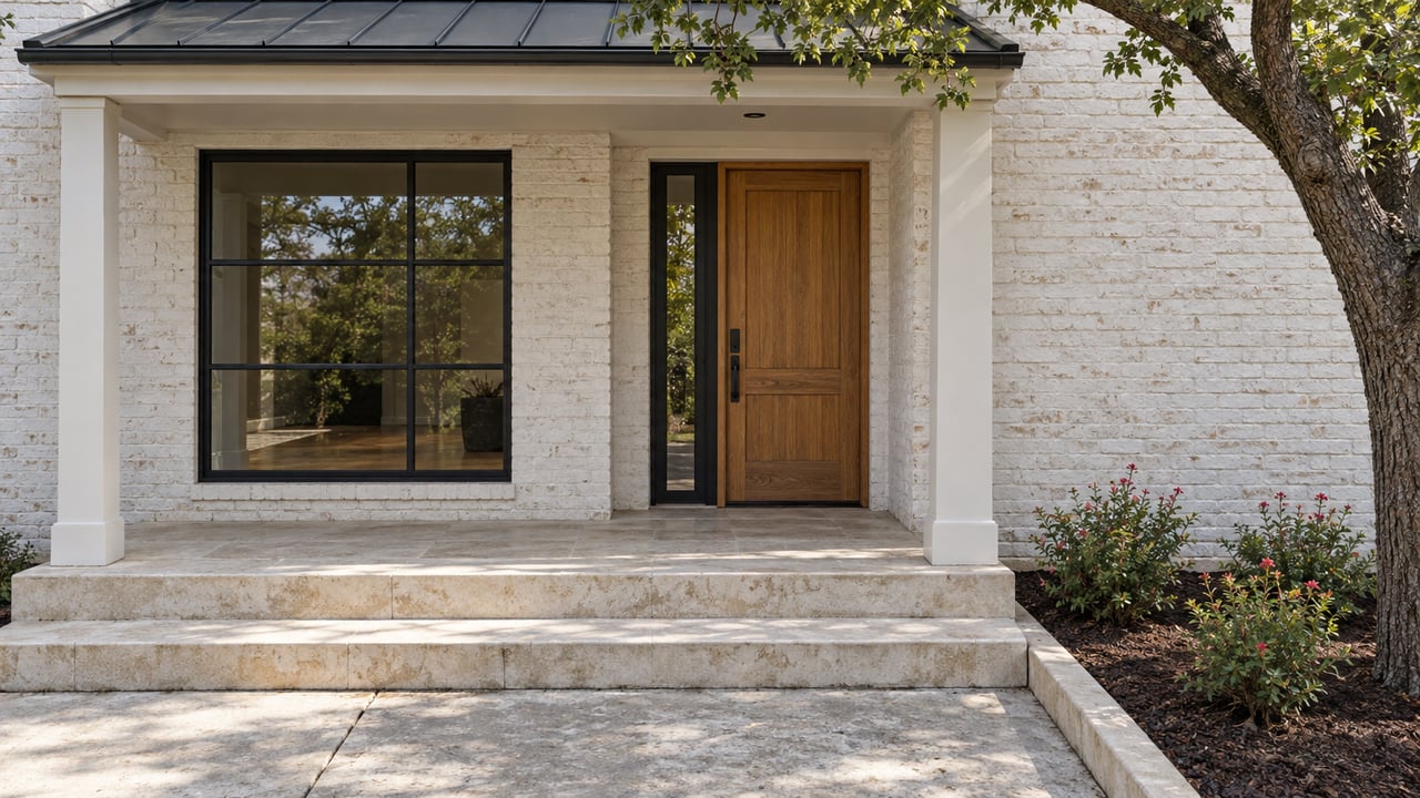 White-painted brick home with an oak entry door, dark-framed window and worn limestone porch steps beside a live oak and autumn sage.