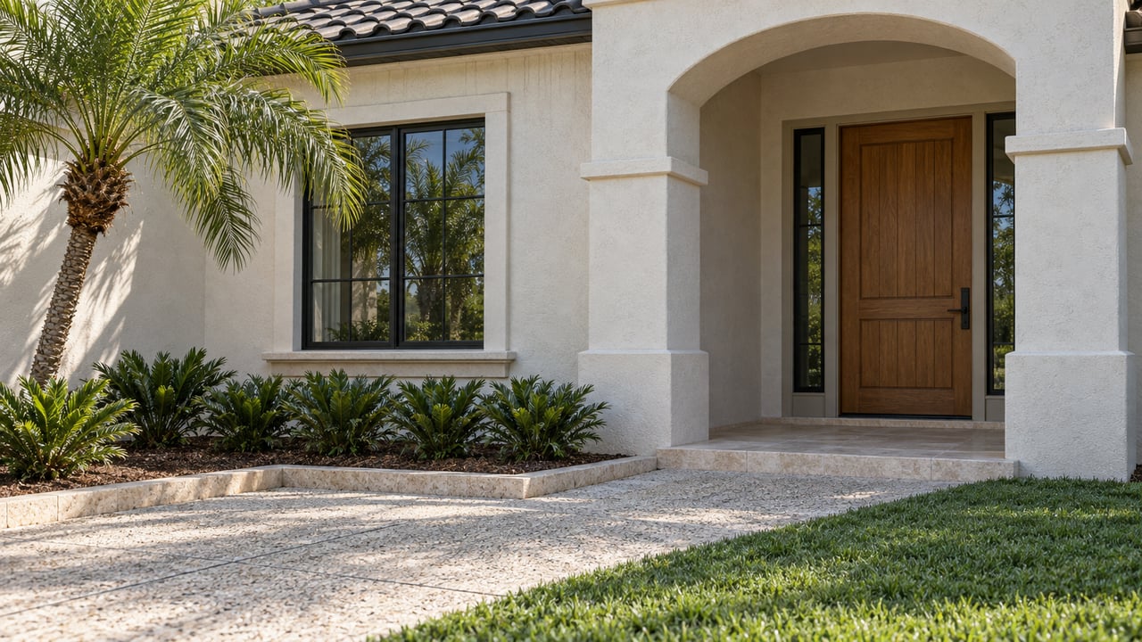 White stucco home with a recessed arched oak entrance, black-framed window, specimen palm and shell-aggregate garden approach.
