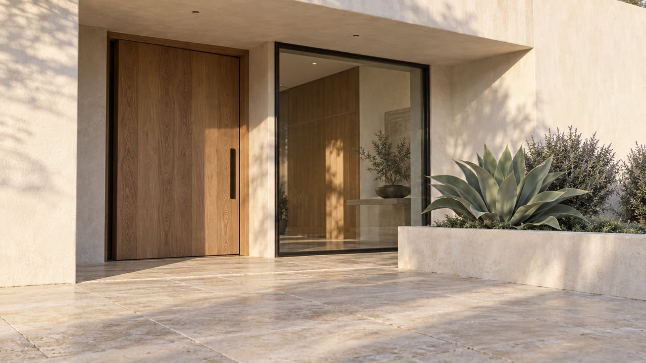 Recessed oak pivot door beside a bronze-framed glass panel, with limestone paving and an agave planter.