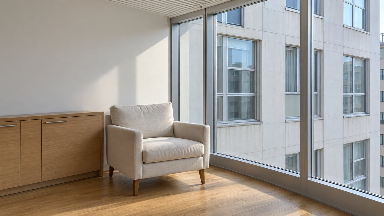 Condominium living-room corner with an ivory linen armchair, oak cabinet and flooring, and full-height windows facing a nearby concrete building.