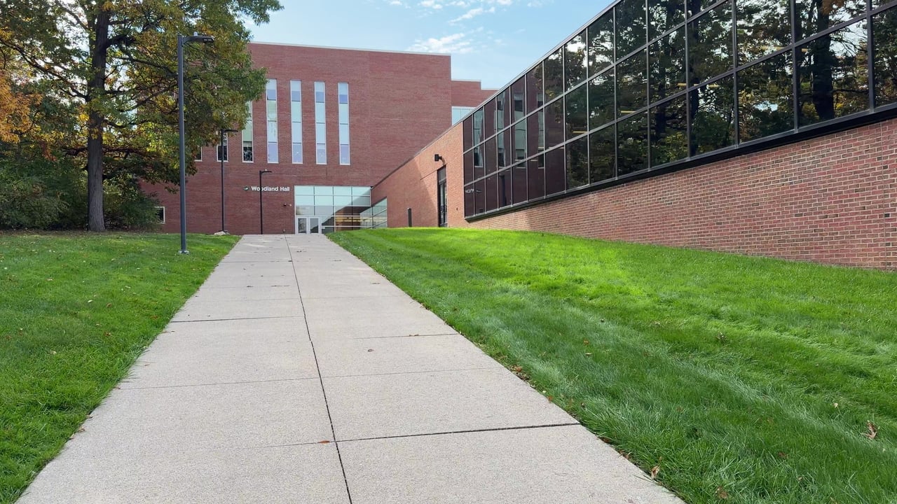 Woodland Hall at OCC’s Highland Lakes campus in October 2026, a college-era brick-and-glass building.