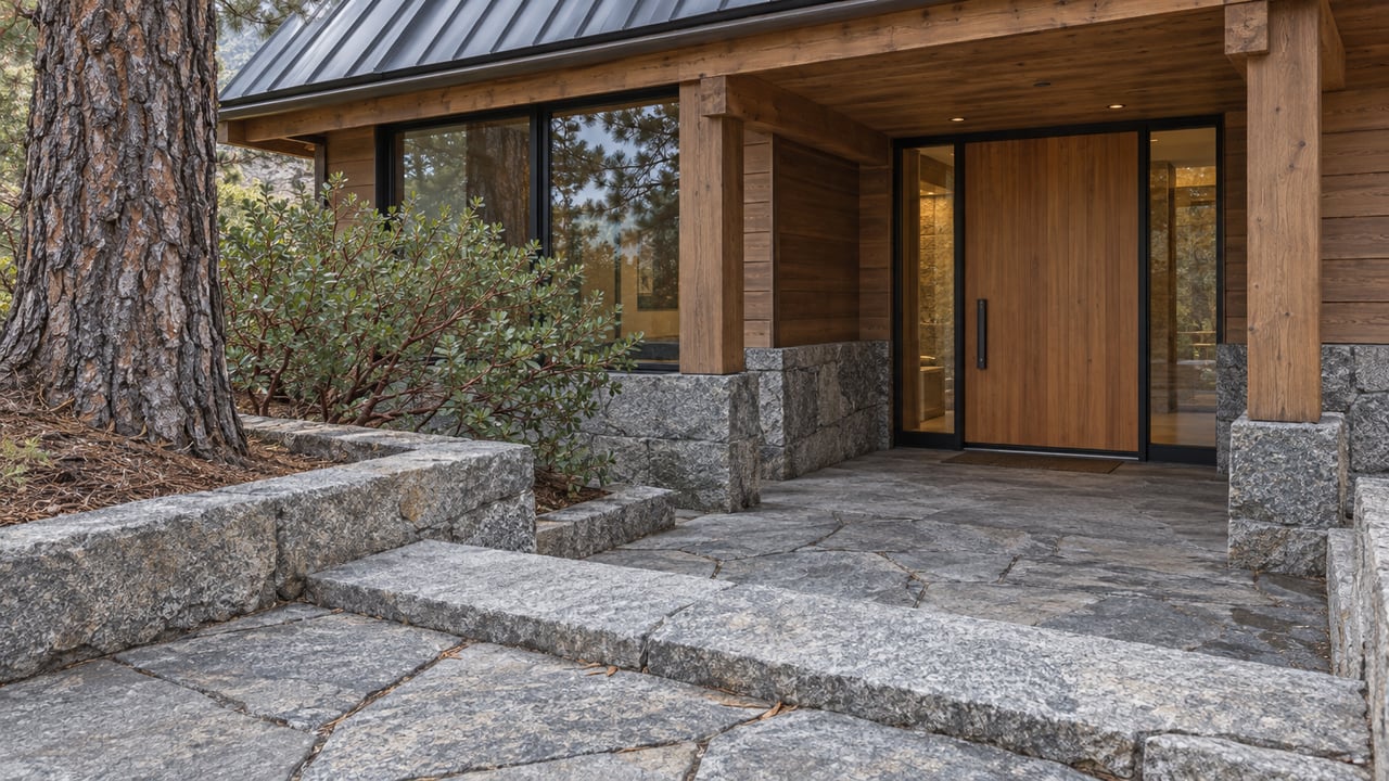 A descending granite approach leads to a sheltered cedar entrance with stone walls, tall glazing and a mature pine.