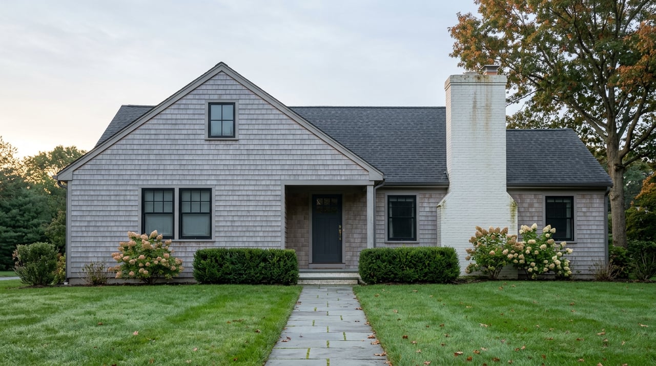 Gray-shingled home with a front gable, white brick chimney, and bluestone walk across a dew-covered lawn.