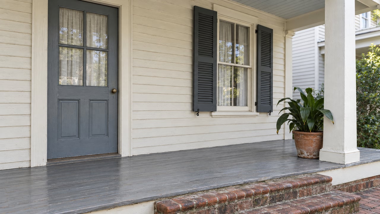 Close view of a historic cottage porch with off-white clapboard, a blue-gray glazed door, paired dark shutters, worn painted boards and brick steps.