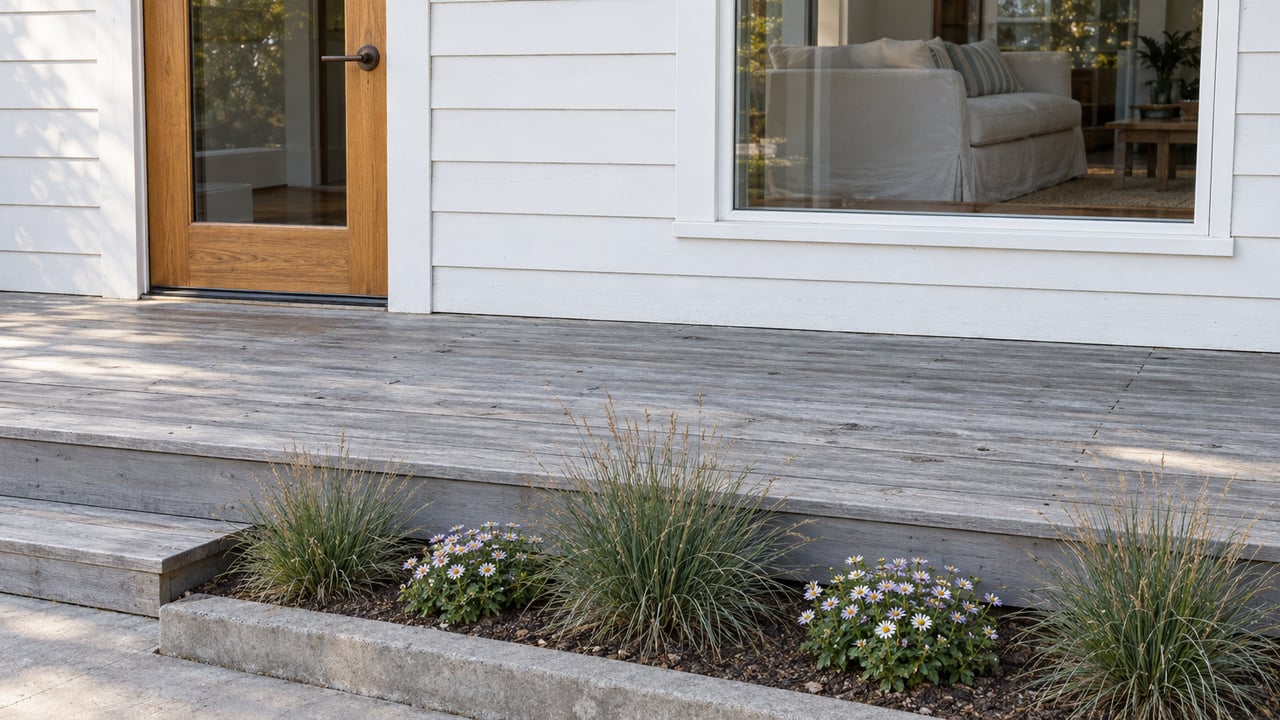 White timber siding and a closed oak glazed door above a weathered gray deck, with coastal hairgrass and seaside daisies beside the step.