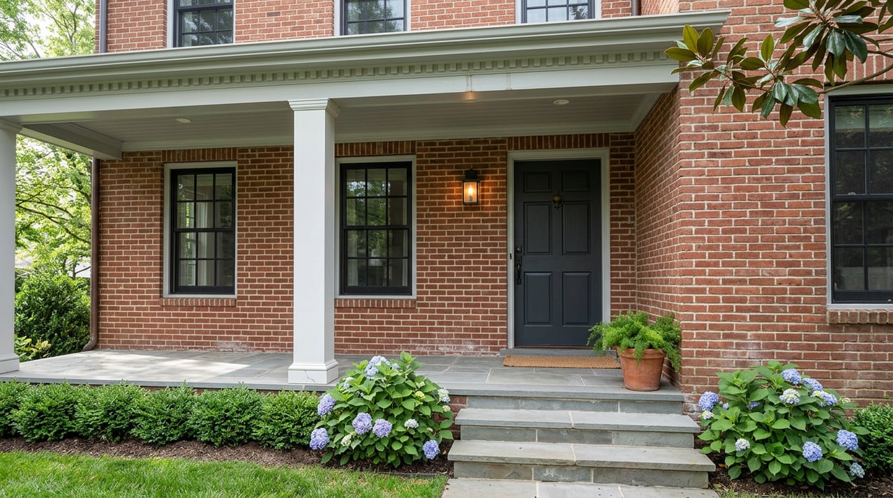 Brick home's covered porch with a white column, charcoal door, bluestone steps, and blue-lavender hydrangeas.