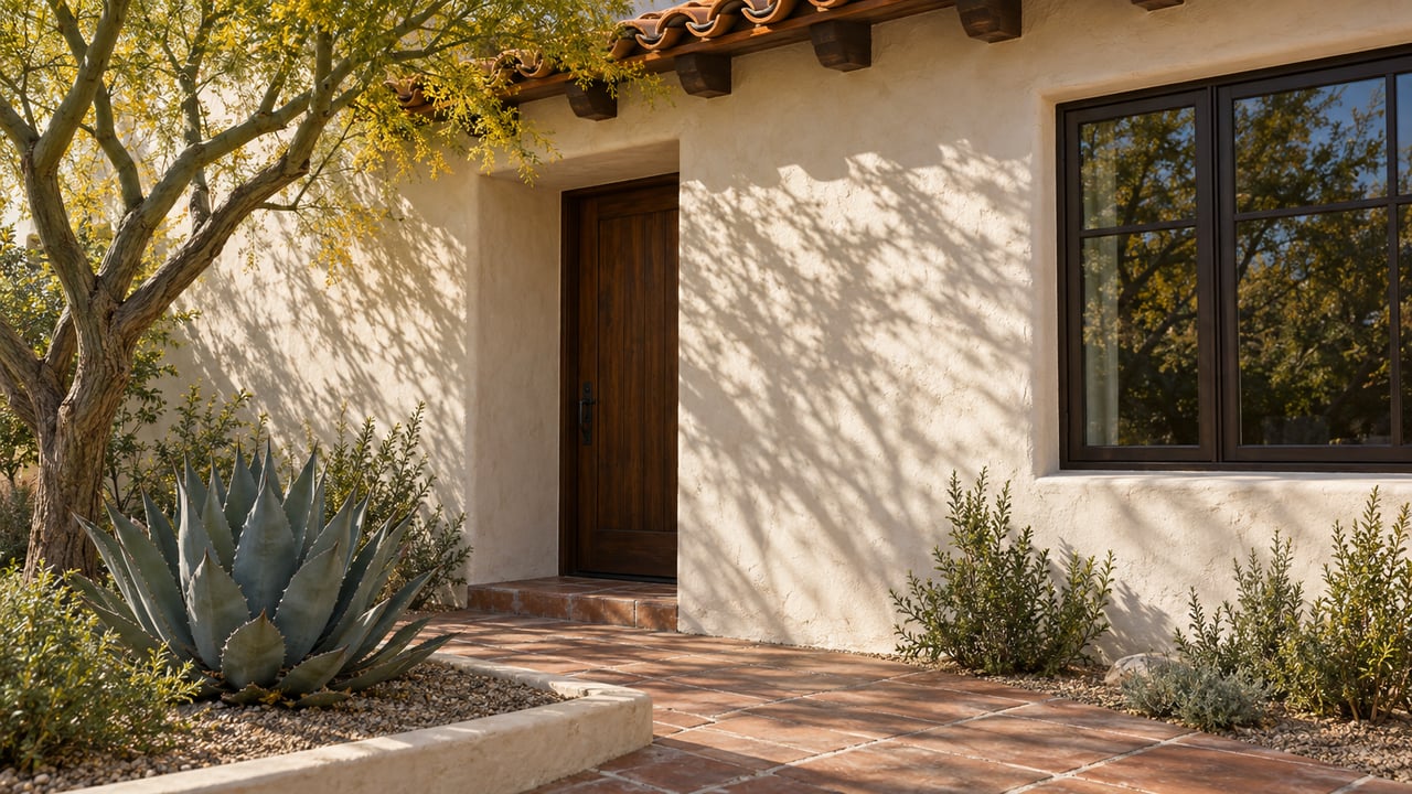 Spanish Revival home with a recessed walnut door, dark casement, terracotta approach, agave, and branching tree.