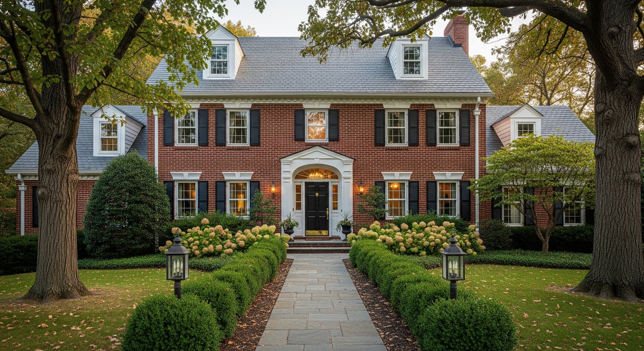 Red-brick colonial house with black shutters, a central stone entry, and a hedge-lined walkway beneath mature trees.