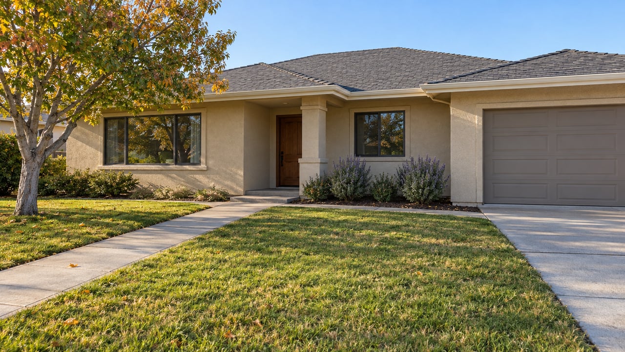Morning light on a single-story stucco ranch home beyond a deep lawn, with an autumn-colored tree and a concrete front walk.