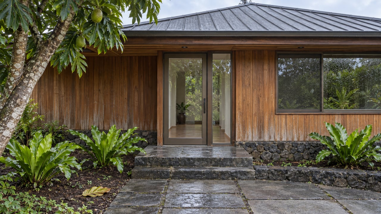 Rain-fresh timber home entrance with a broad roof, basalt steps, a breadfruit tree and bird’s-nest ferns.