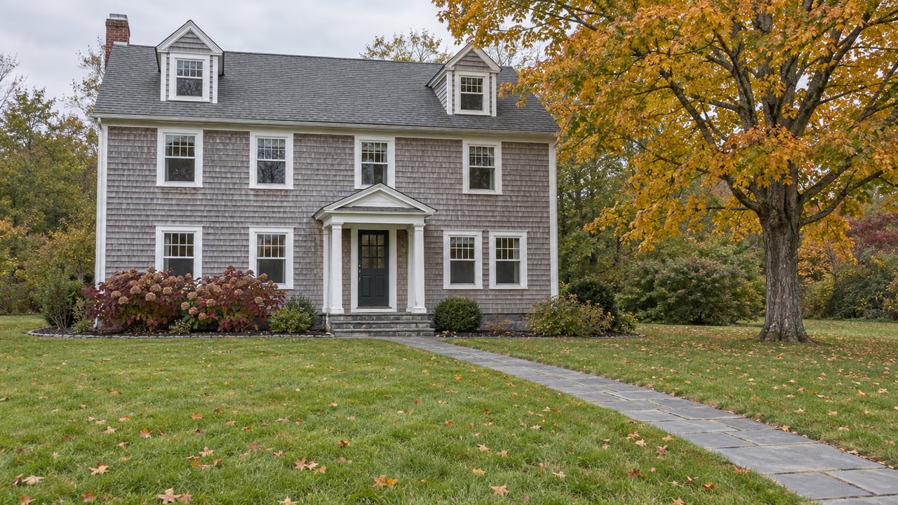 Weathered cedar-shingle home behind a broad autumn lawn, with an amber sugar maple and a bluestone front walk.