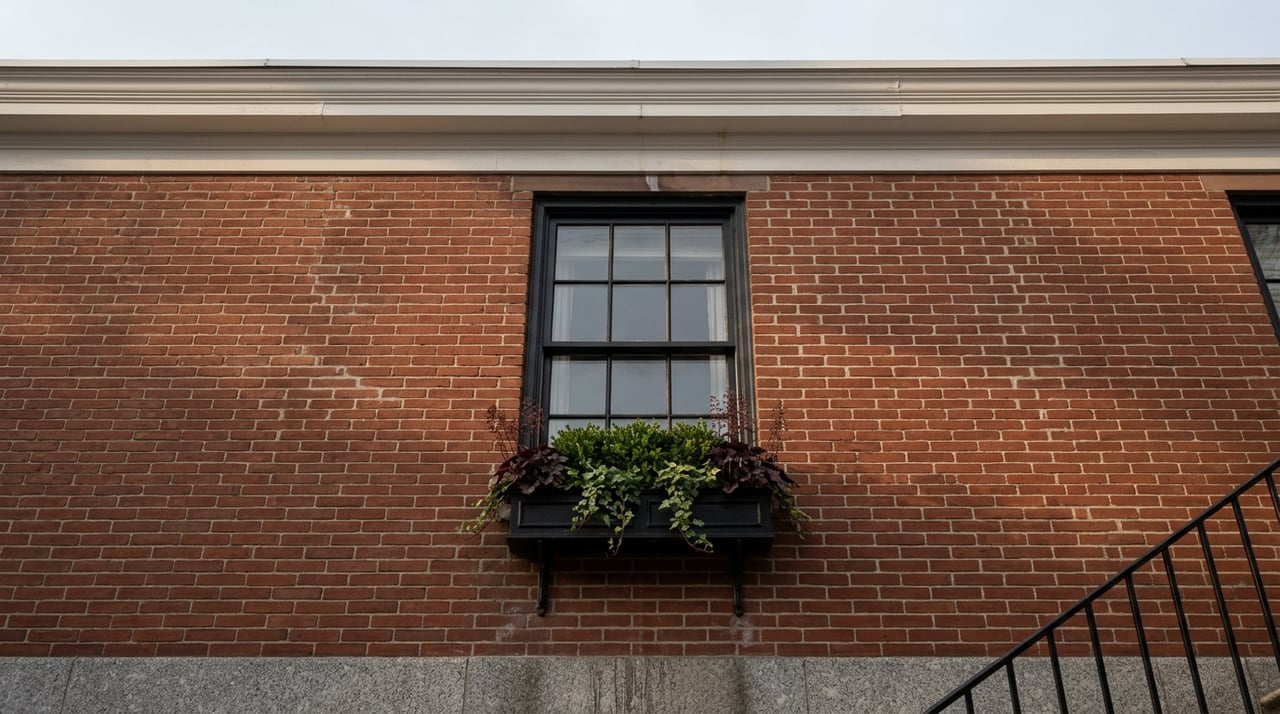 Brick rowhouse window with black divided-light sash, a boxwood and ivy planter, and white cornice trim.