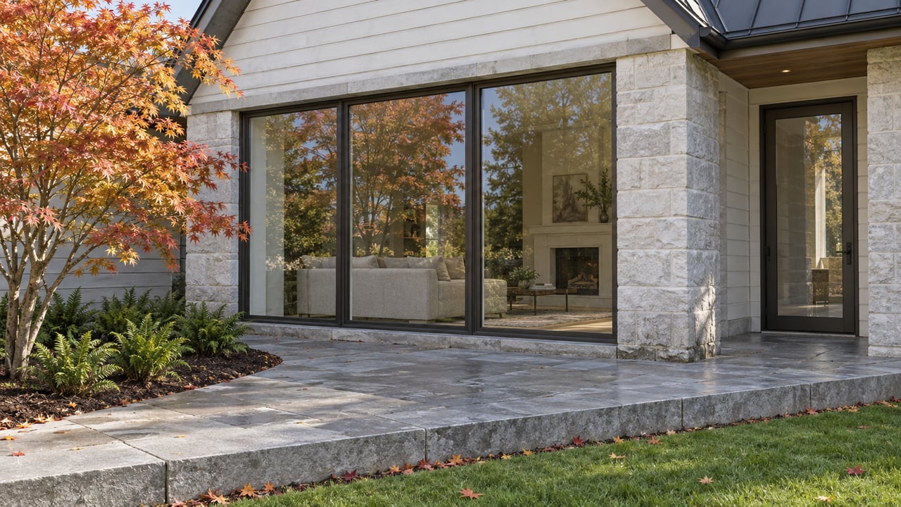 Garden-facing home exterior with dark-framed windows, pale stone piers, a raised stone terrace and an autumn vine maple.