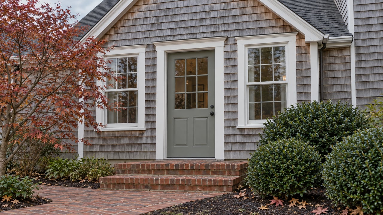Weathered cedar-shingle home with a gray-green entry door, paired white-trimmed windows, brick steps, and copper-red maple leaves in a quiet autumn garden.