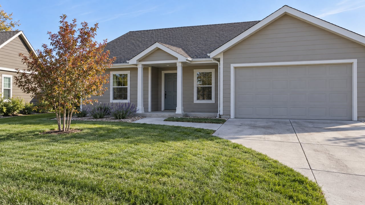 Single-story taupe home with a covered porch, attached garage, deep green lawn and copper-leaved serviceberry in clear morning light.