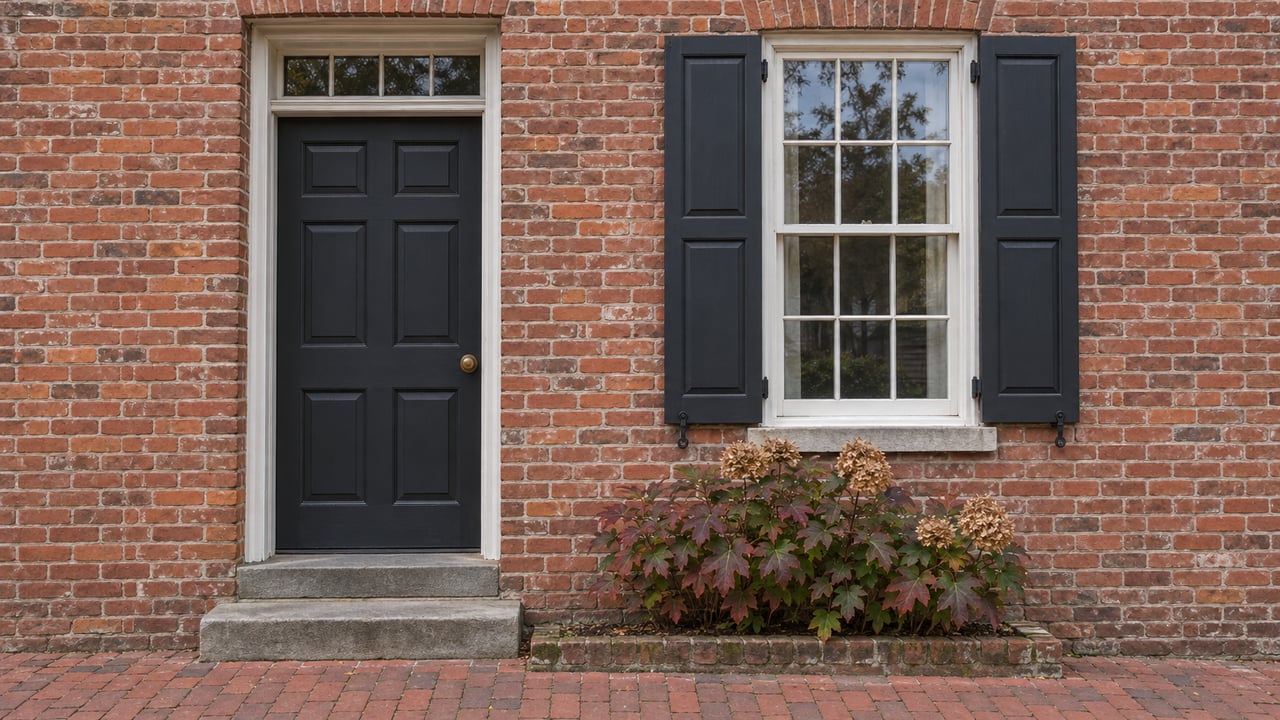 A charcoal paneled door and shuttered sash window in a weathered red-brick facade, with worn stone steps and an oakleaf hydrangea beside the entry.