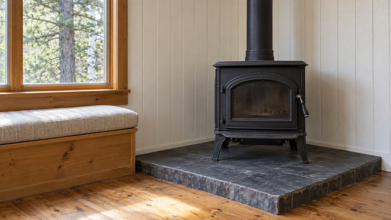 A compact wood stove on a raised slate hearth beside a wood-framed window and cushioned timber seat, with amber pine flooring and painted tongue-and-groove walls.