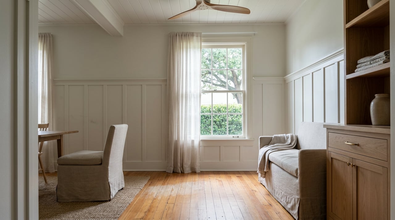 Bungalow dining nook with a linen banquette, white oak shelving, heart pine floors, and an oak framed by the window.