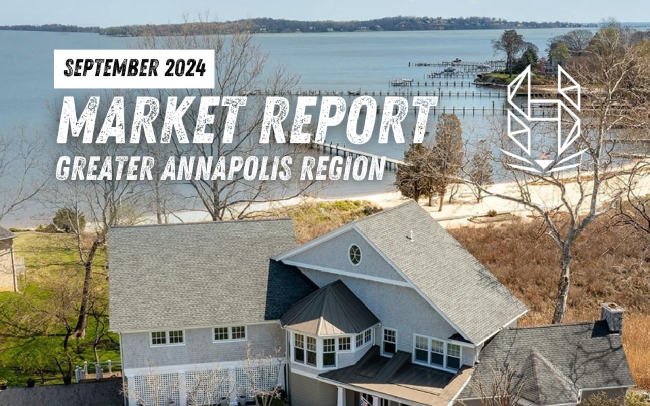 September 2024 market report for the Greater Annapolis region, over an aerial view of a waterfront house.