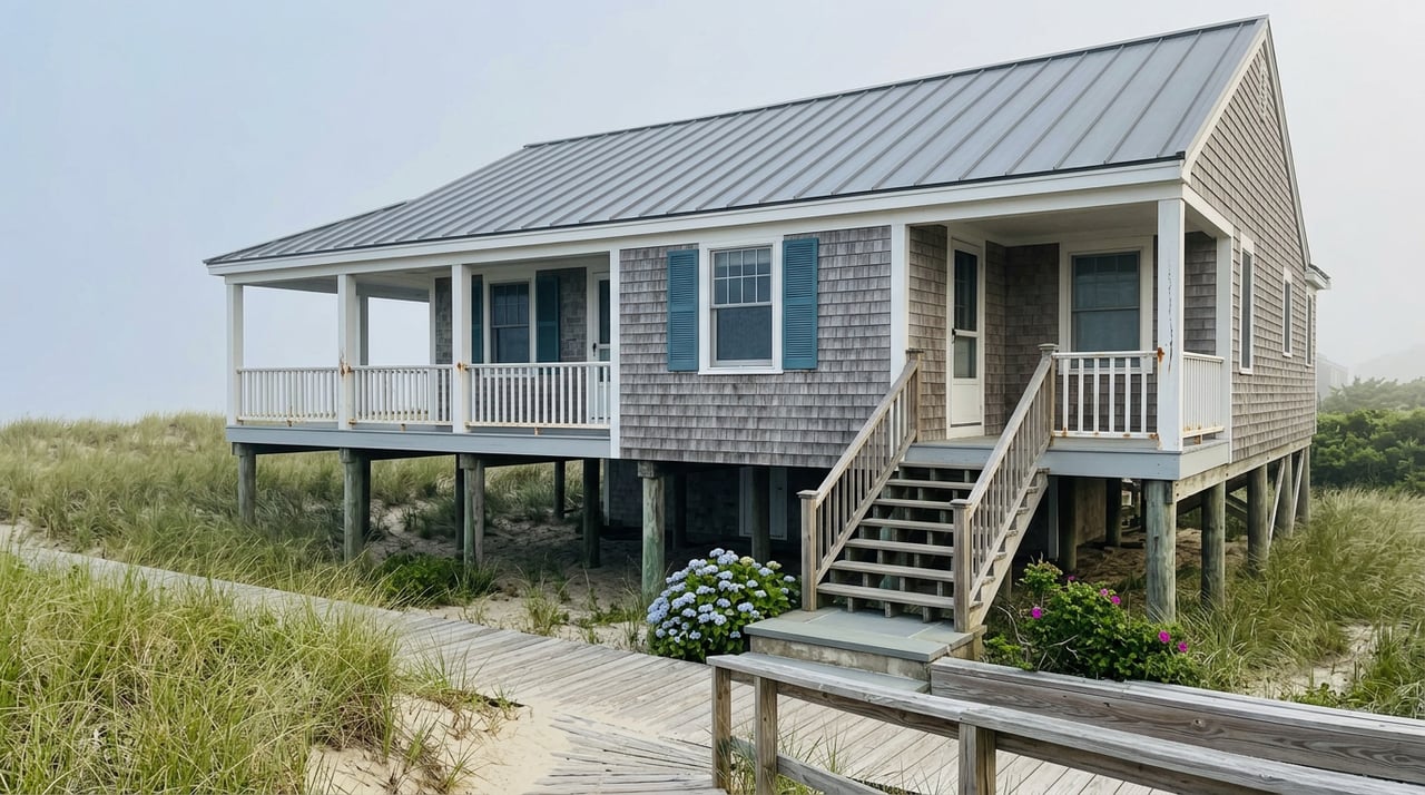 Raised cedar-shingle cottage with teal shutters, porch stairs, and a weathered boardwalk crossing grassy dunes.