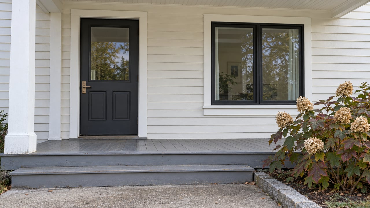 White clapboard home with a charcoal front door, black-framed window, weathered gray porch steps and autumn oakleaf hydrangea.
