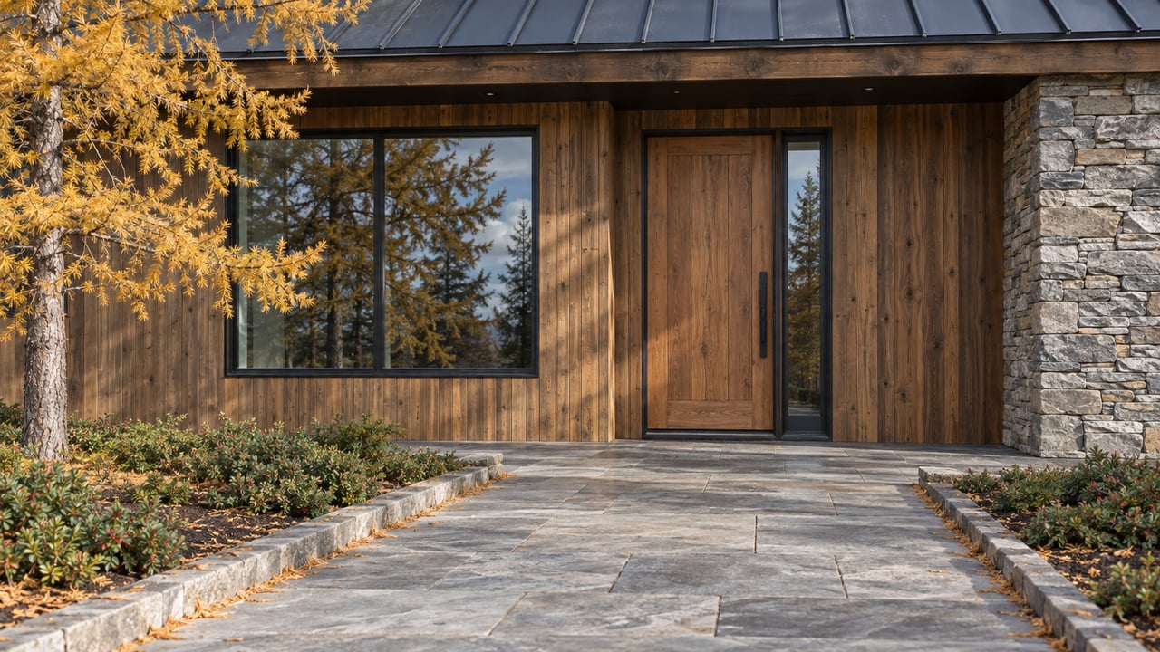 Cedar-clad home entry with a glazed sidelight, stone approach, and golden larch at left.