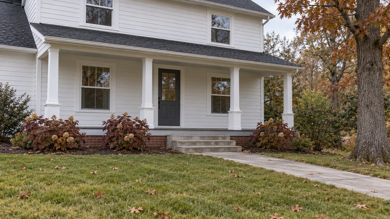 White-sided home with a covered porch, charcoal gable roof and autumn oak beside a deep front lawn.