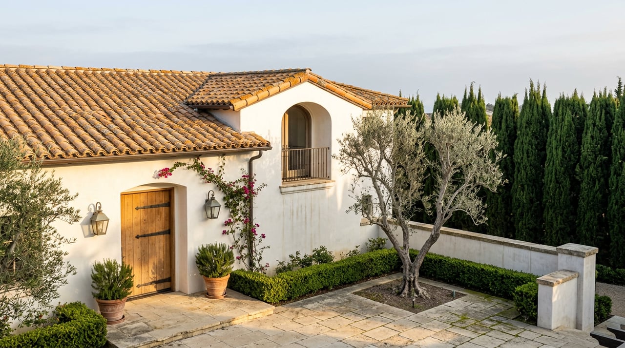Stucco courtyard entry with terracotta roof, arched balcony, olive tree, and clipped cypress backdrop.