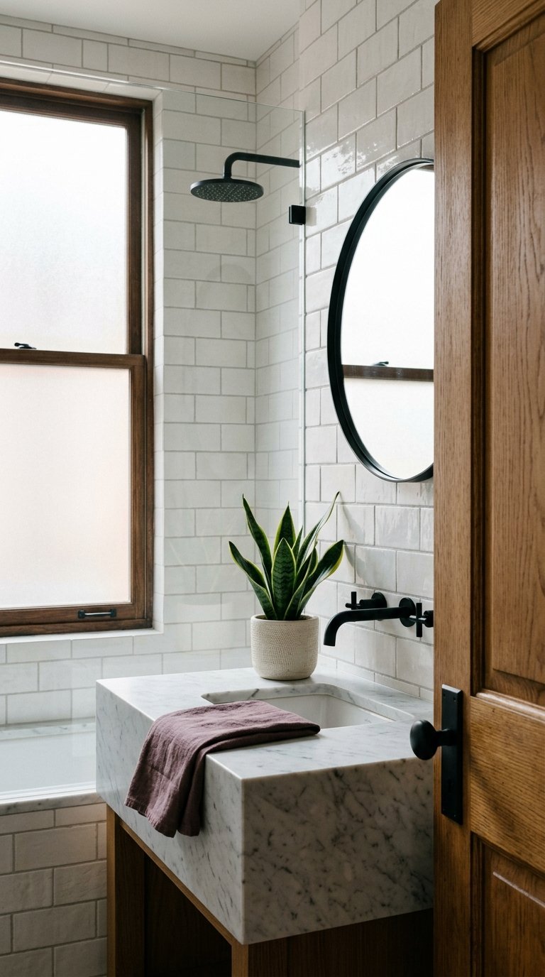 Compact tiled bathroom with an oak vanity, black faucet, marble surfaces, and a potted snake plant.