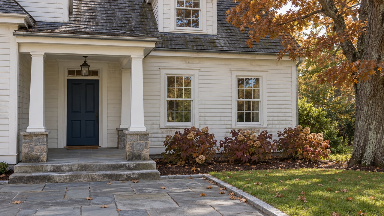 Autumn light on a white clapboard home's covered entry, bluestone terrace and oak-bordered lawn.
