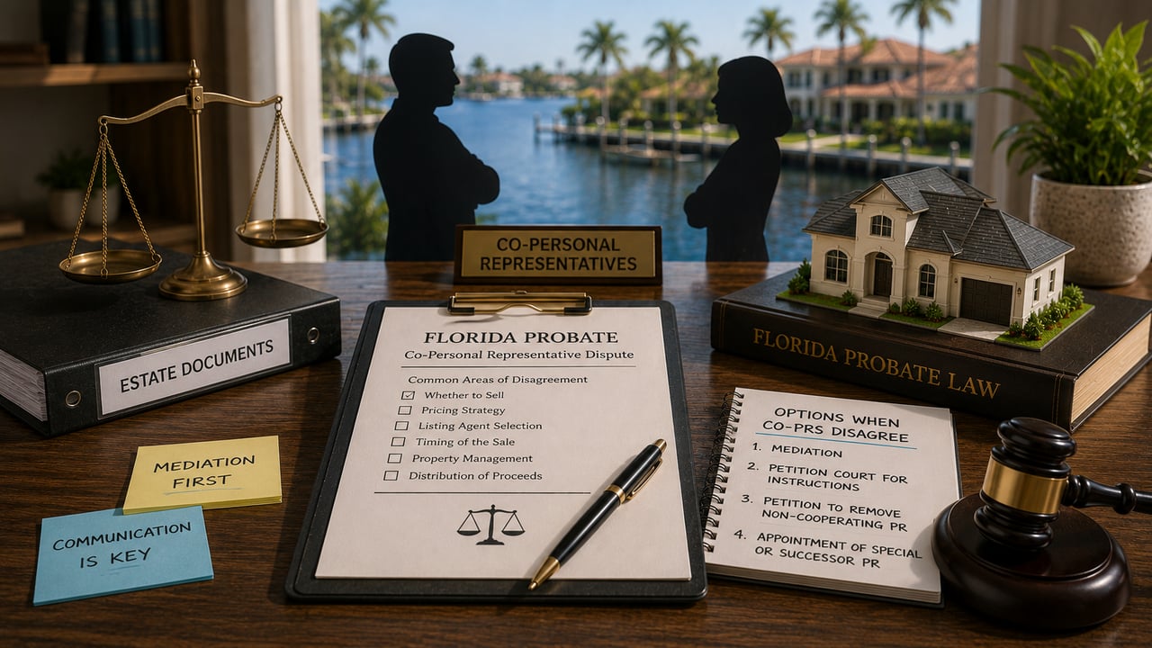 Florida probate workspace featuring estate administration documents, a model home, legal tools, and a Southwest Florida waterfront backdrop, illustrating co-personal representative disputes over selling estate real estate, probate administration, fiduciary duties, mediation, and estate property sales.
