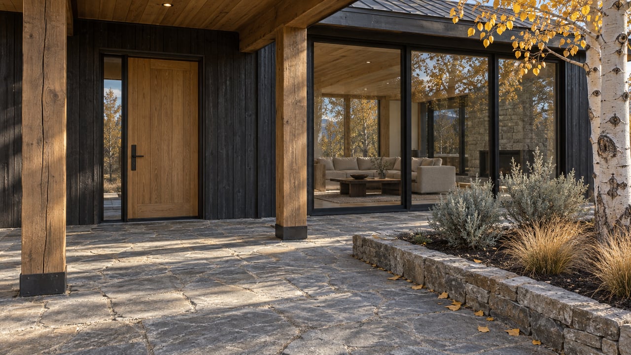 Timber-covered home entrance with charcoal siding, gray stone paving and enclosed glass beside golden aspen leaves and silver sagebrush.