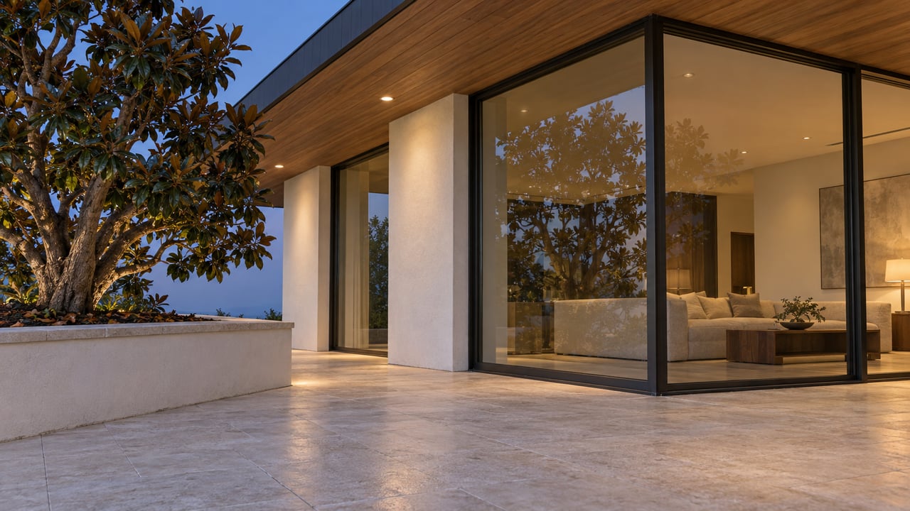 A timber-lined cantilever shelters a limestone terrace beside closed bronze-framed glazing, warm interior light and a mature magnolia.