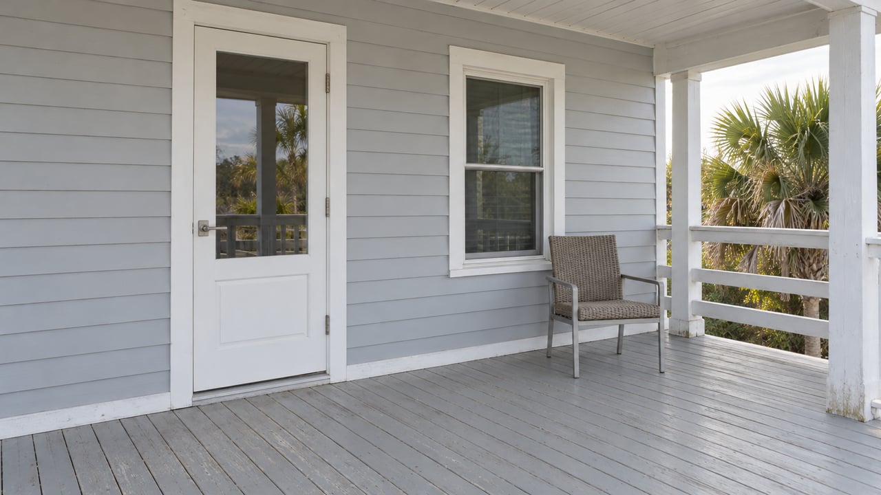 Pale-gray coastal house entry on a broad covered timber porch, with white trim, an outdoor woven chair and a palm crown beyond the railing.