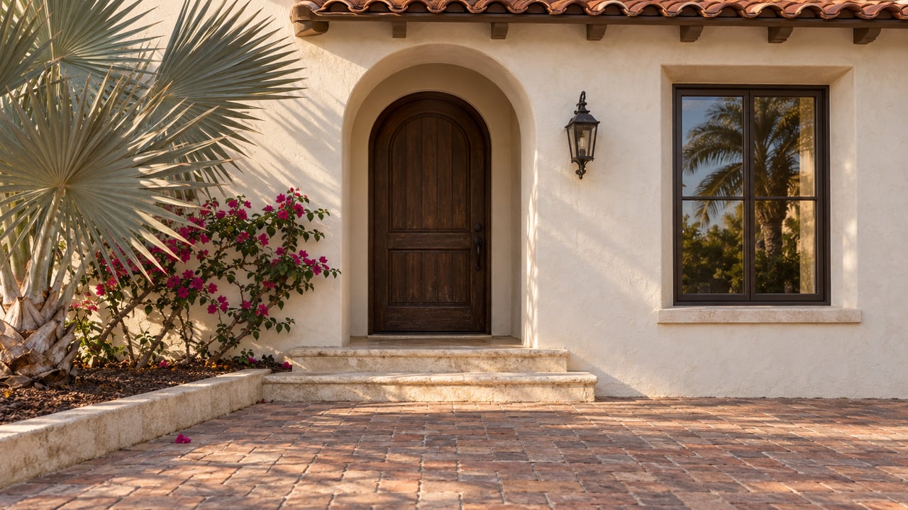 Cream stucco home with an arched dark wood door, terracotta eave, brick-paver approach, and silver fan palm.