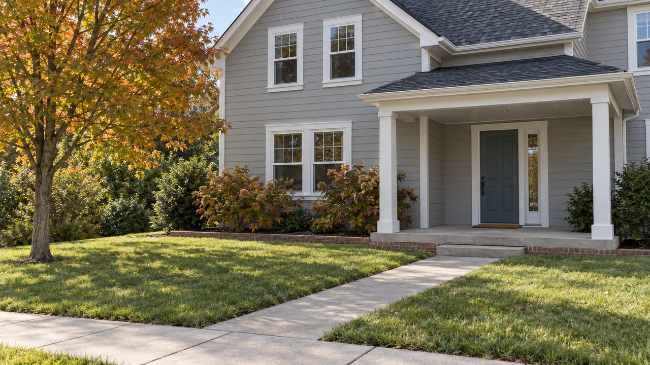 Two-story gray-sided home with a covered porch, deep autumn lawn and concrete front walk beneath an amber maple.