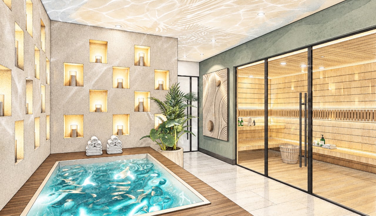 Indoor spa with a turquoise plunge pool beside a glass-enclosed wood sauna and illuminated wall niches.