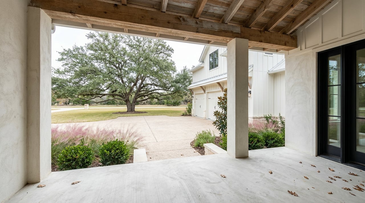 Farmhouse porch with stucco columns, cedar beams, a curving driveway, and a broad-canopied live oak.