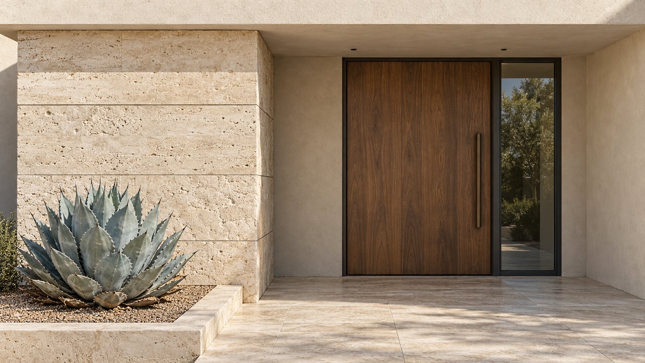 Close view of a shaded walnut entry door, pale limestone pier and blue-gray agave beside a sunlit stone landing.